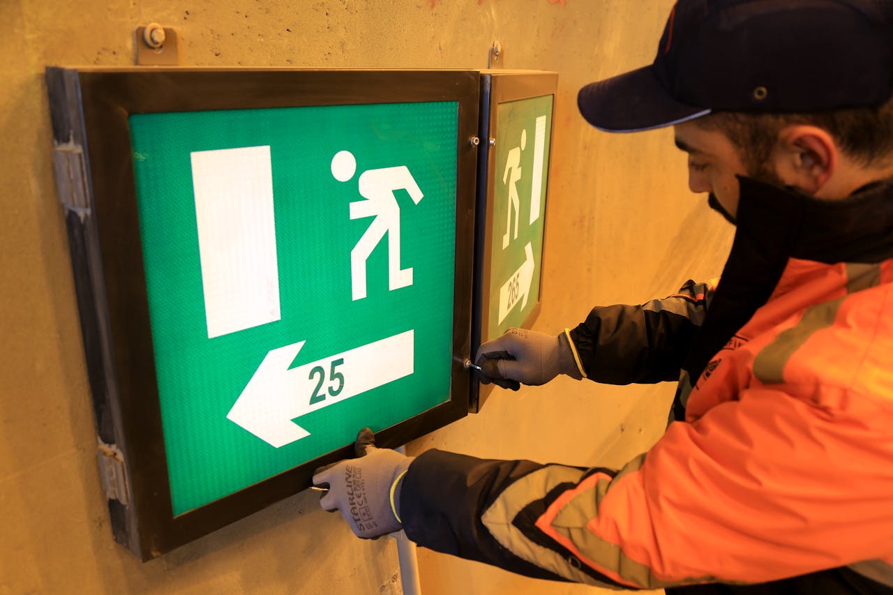 A technician in an orange jacket adjusts an emergency exit sign with directional arrow in a tunnel.